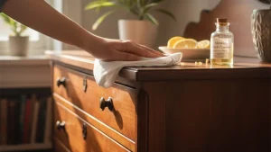 تصویری از فردی در حال تمیز کردن یک سطح چوبی با دستمال مناسب و میزان رطوبت کم